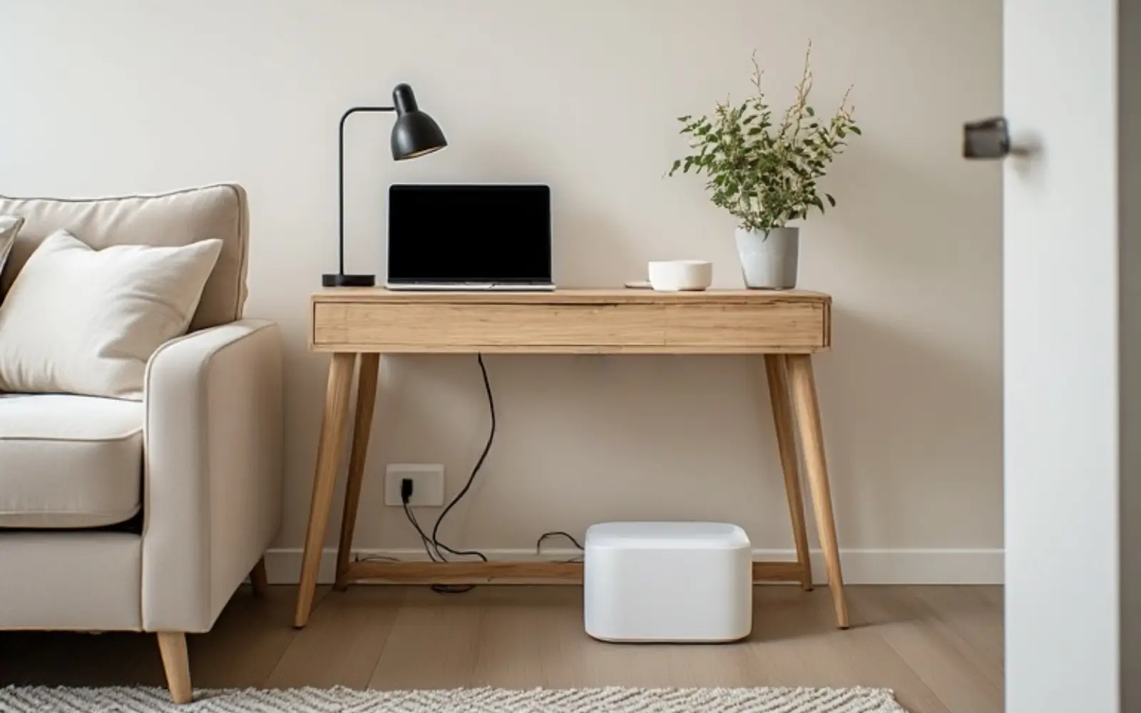 Console-style desk behind a sofa, with a laptop, lamp and plant on top and a white cable box on the floor hiding the power strip and chargers.