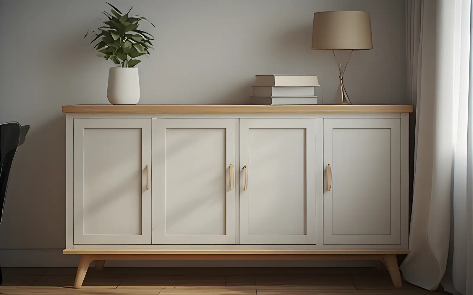 Closed sideboard and storage wall beside a feminine desk setup, with cables and clutter hidden.