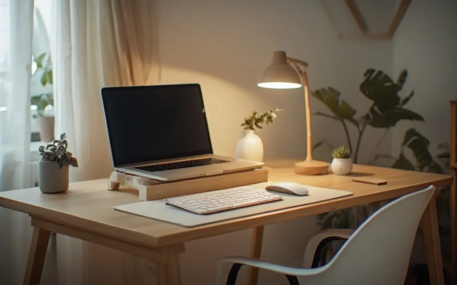 Feminine home office desk after a reset, with only a laptop on a stand, a neutral keyboard and mouse on a beige desk mat, a small lamp and a tiny vase on a clean light wood surface.
