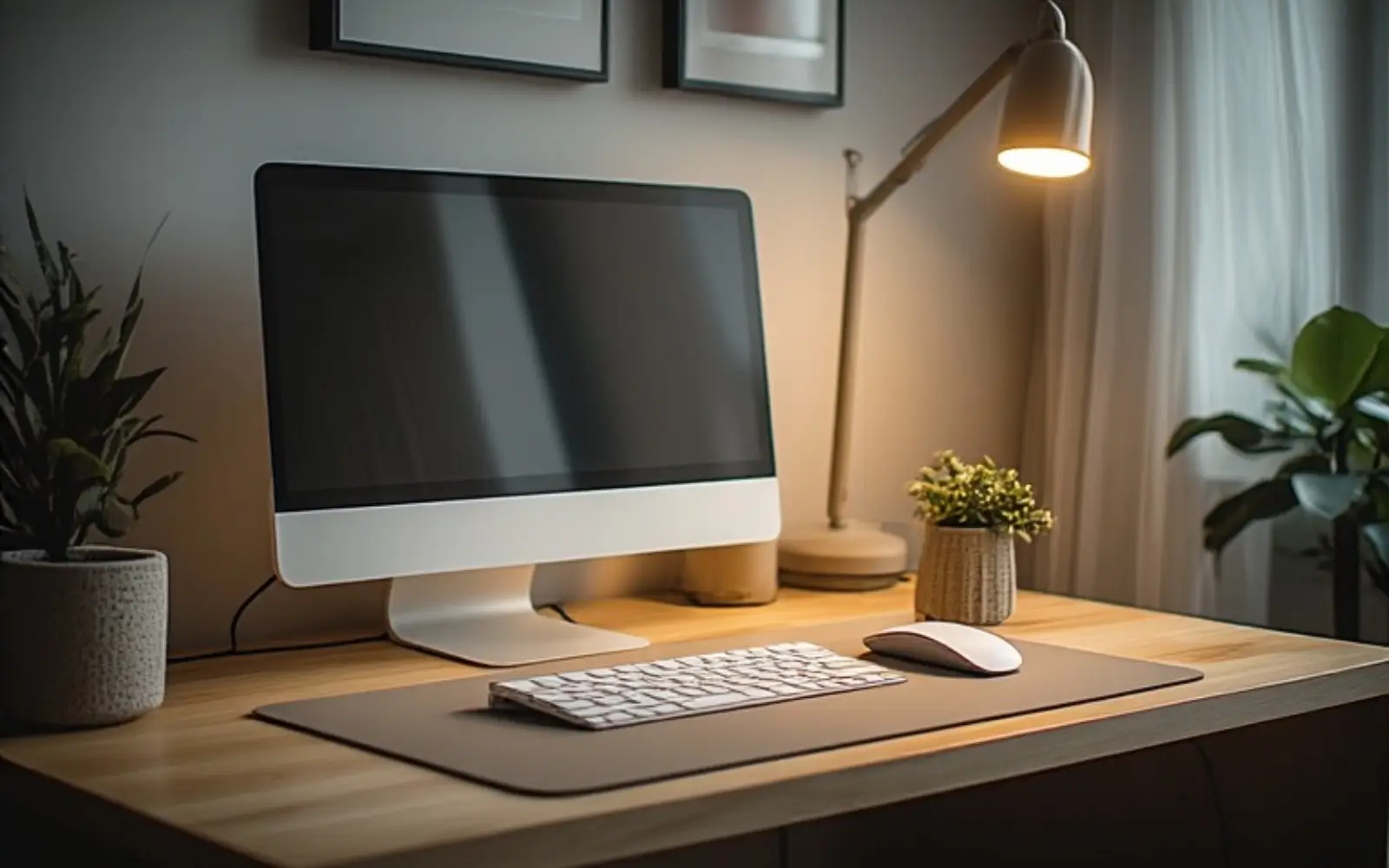 Feminine home office desk with a slim neutral-coloured monitor on a simple stand, a white keyboard and mouse on a taupe desk mat and a small warm lamp and plant, with cables hidden.