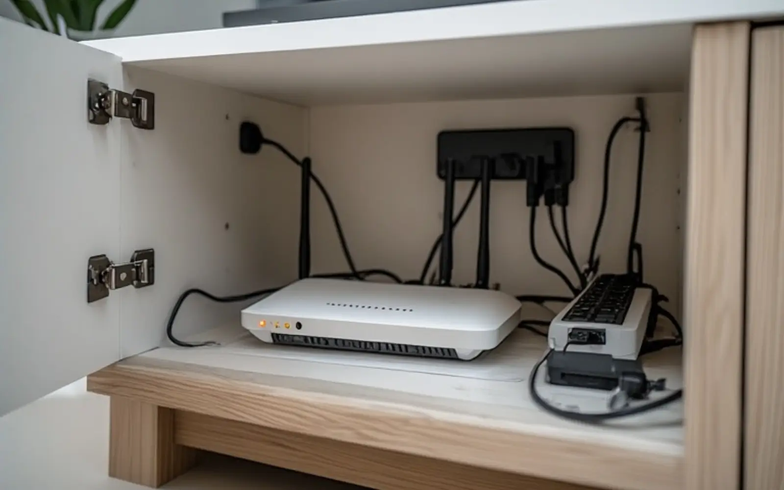 Inside a sideboard cabinet, router, modem and power strip are neatly organised on one shelf with cables routed through cutouts at the back.