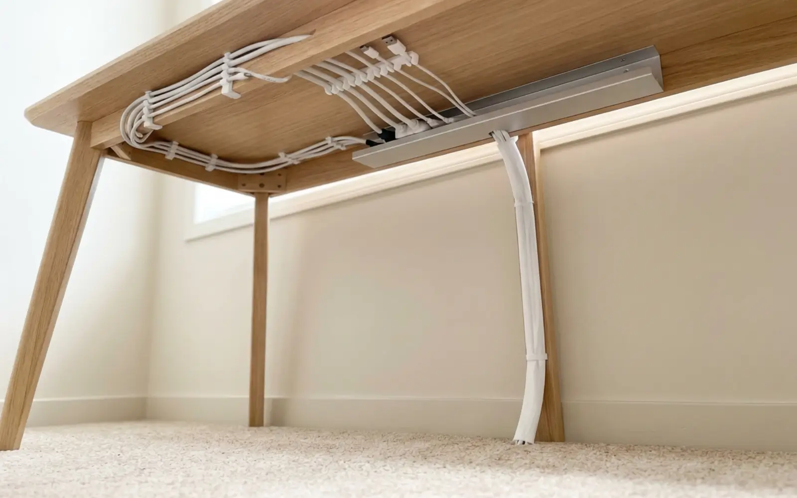 Under a light wood feminine desk, cables are neatly routed with white adhesive clips into a slim cable tray, with one bundled cable running down the back leg to the floor.