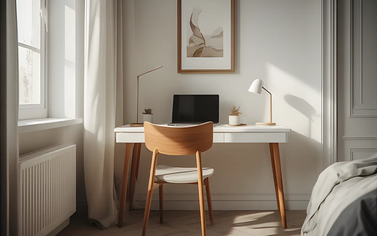 Narrow bedroom desk with ergonomic feminine chair, laptop and lamp in a soft neutral palette.