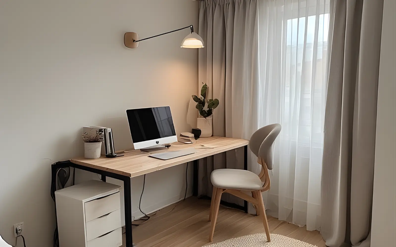 Studio apartment corner office with a compact desk, neutral chair, closed storage unit and a light linen curtain that can close off the workspace.
