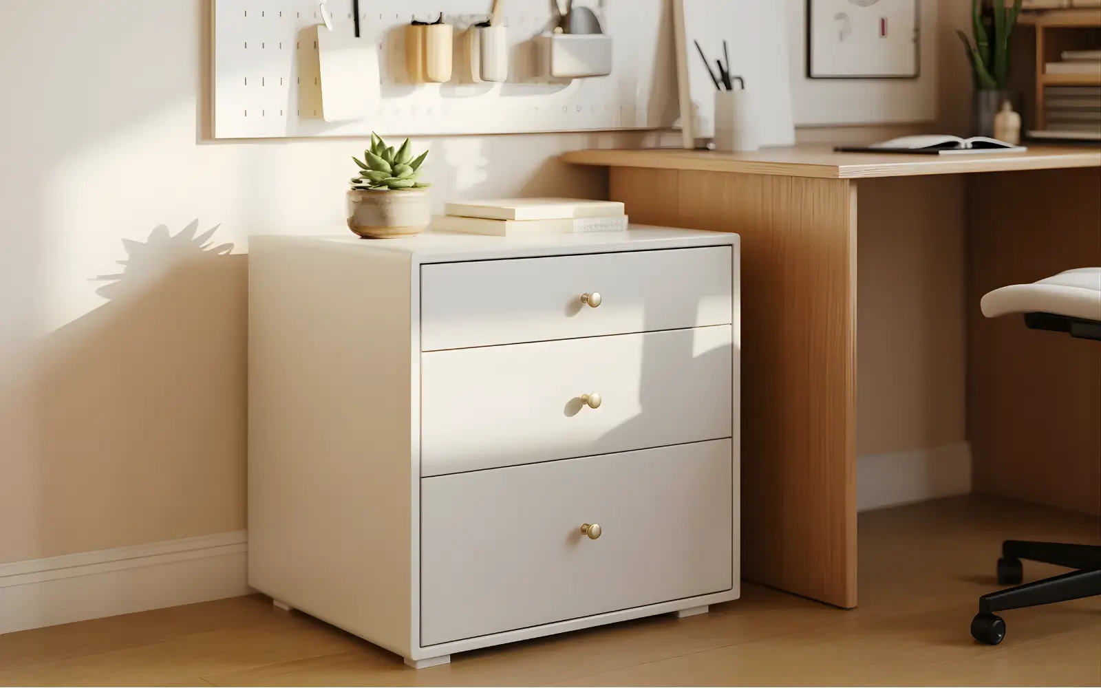 Narrow white pedestal drawer unit tucked under a light wood desk in a feminine home office.