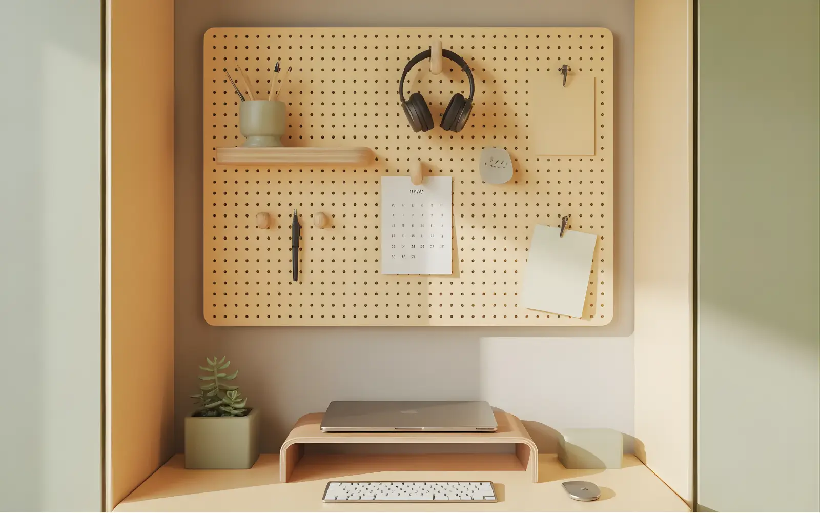 Small pegboard above a narrow desk with a few organised tools and decor pieces.