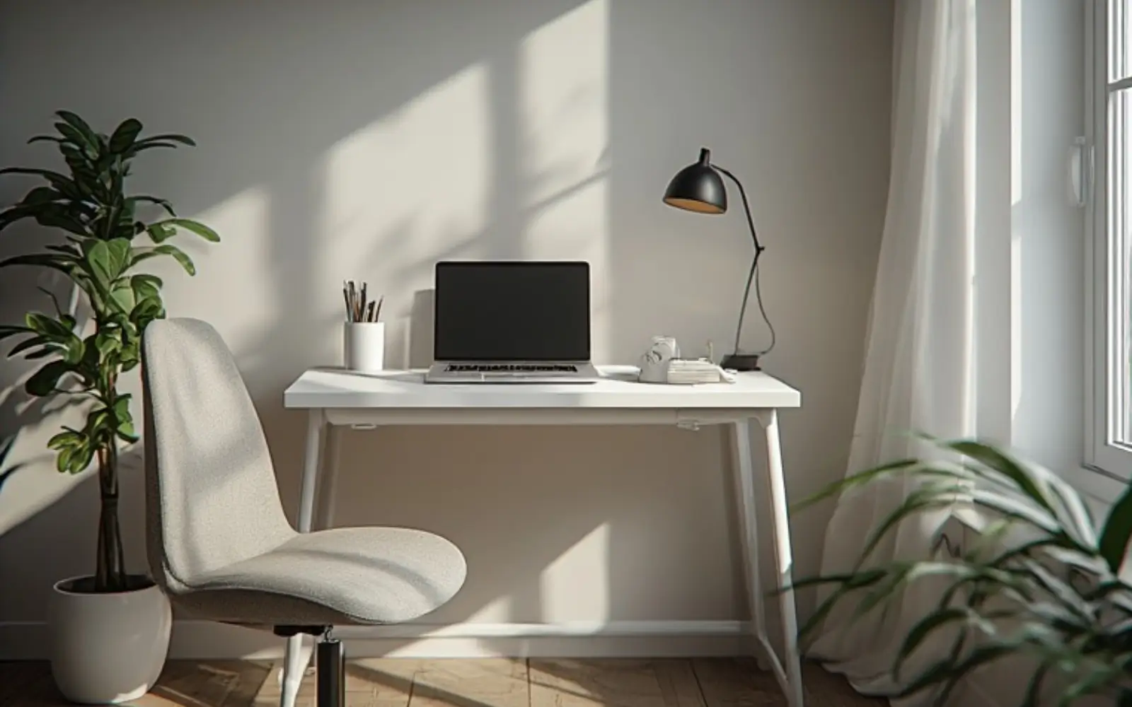 Ultra-compact budget-friendly desk setup in a small apartment with a simple desk, basic chair and laptop.