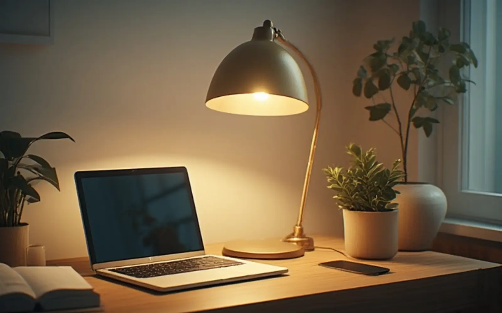 Evening scene of a light wood desk lit by a warm brass desk lamp in a feminine home office.