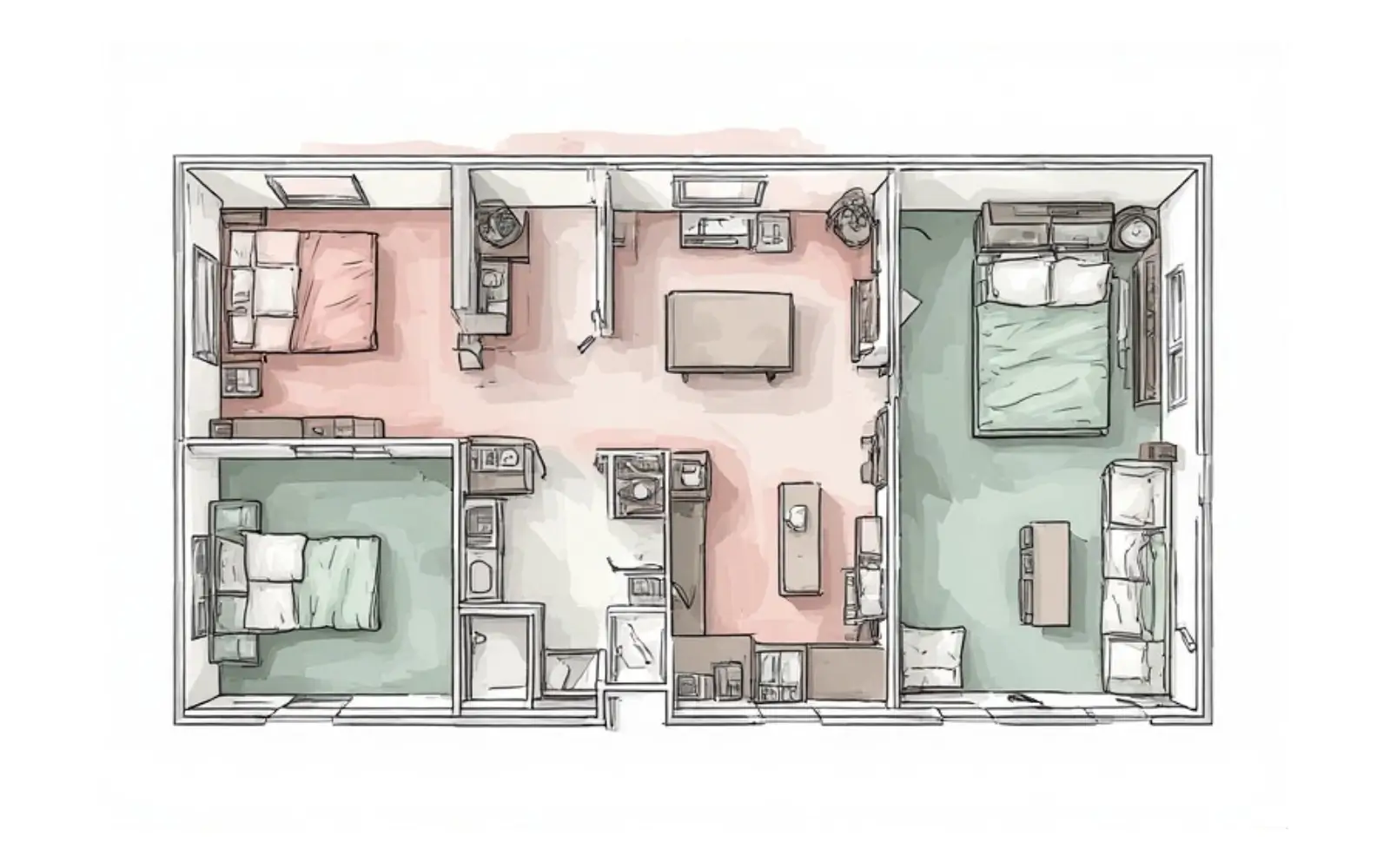 Hand-drawn style floor plan of a small one-bedroom apartment with three potential home office zones highlighted in soft blush and sage.
