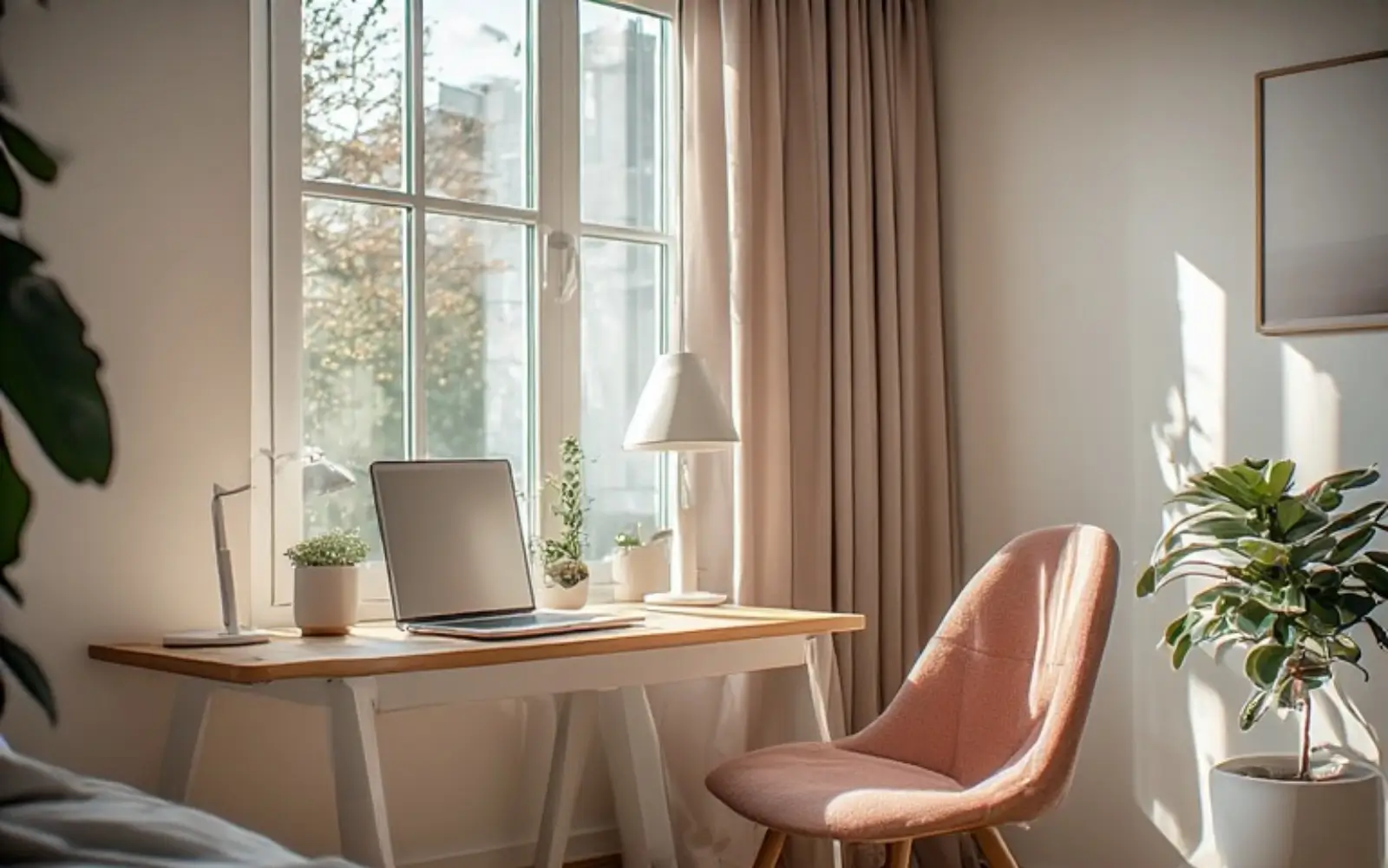 Bright small bedroom with a light wood desk positioned beside a tall window, a soft feminine chair and a simple lamp and plant on the desk.
