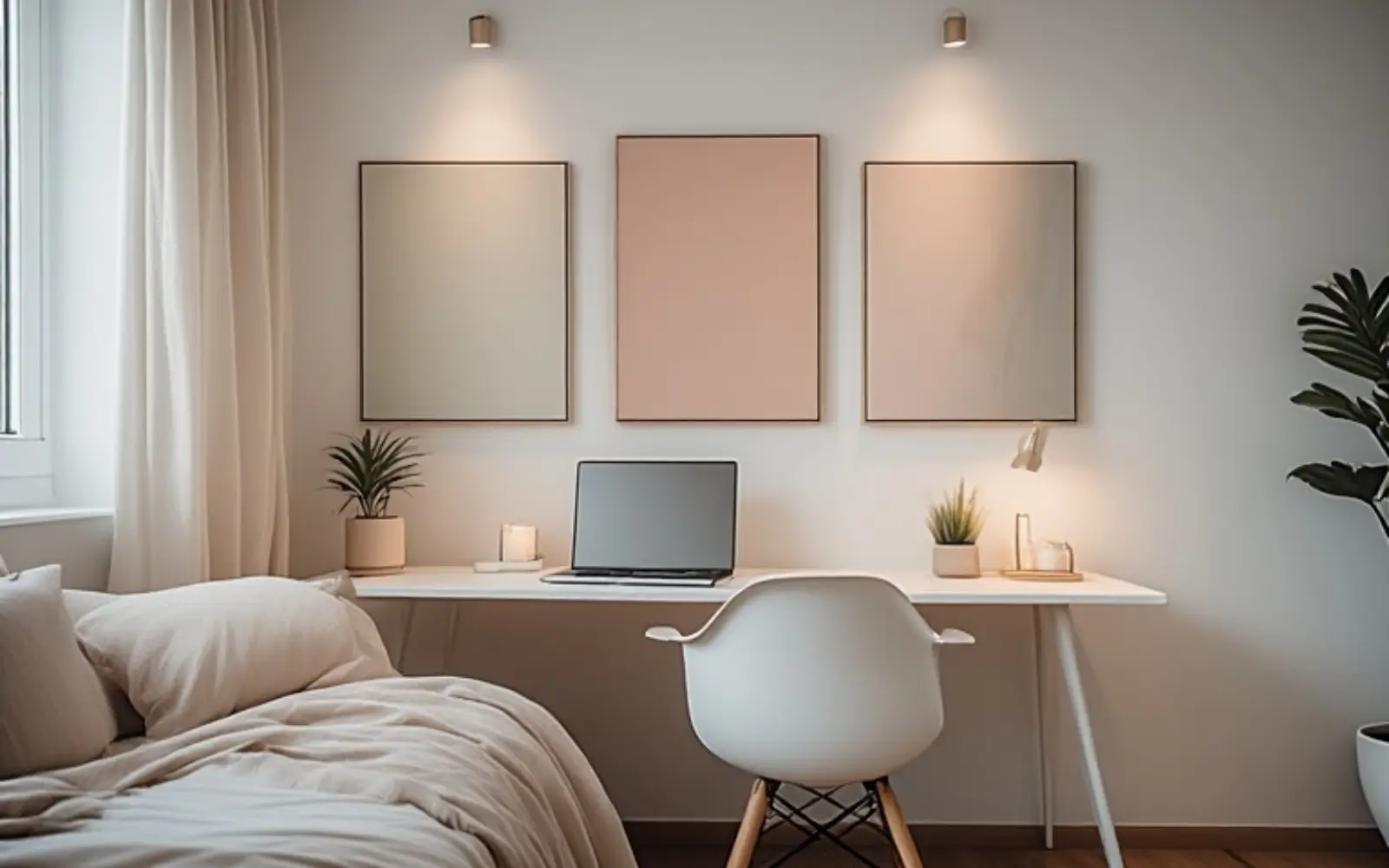 Small bedroom with a white desk on the wall opposite the bed, a soft chair and a calm gallery wall of three prints above the desk.
