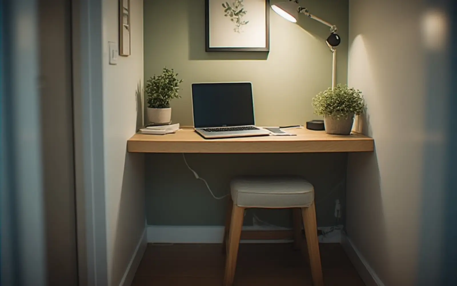 Narrow hallway niche with a slim wall-mounted desk in pale wood, a small stool and a warm sage accent wall styled as an elegant mini office.