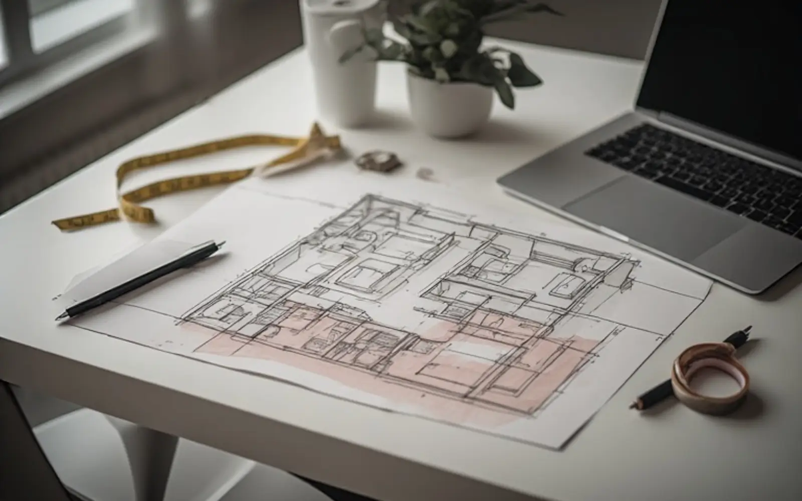 Overhead view of a hand-drawn floor plan sketch on a desk, with one corner highlighted as the selected home office zone beside a tape measure and pen.
