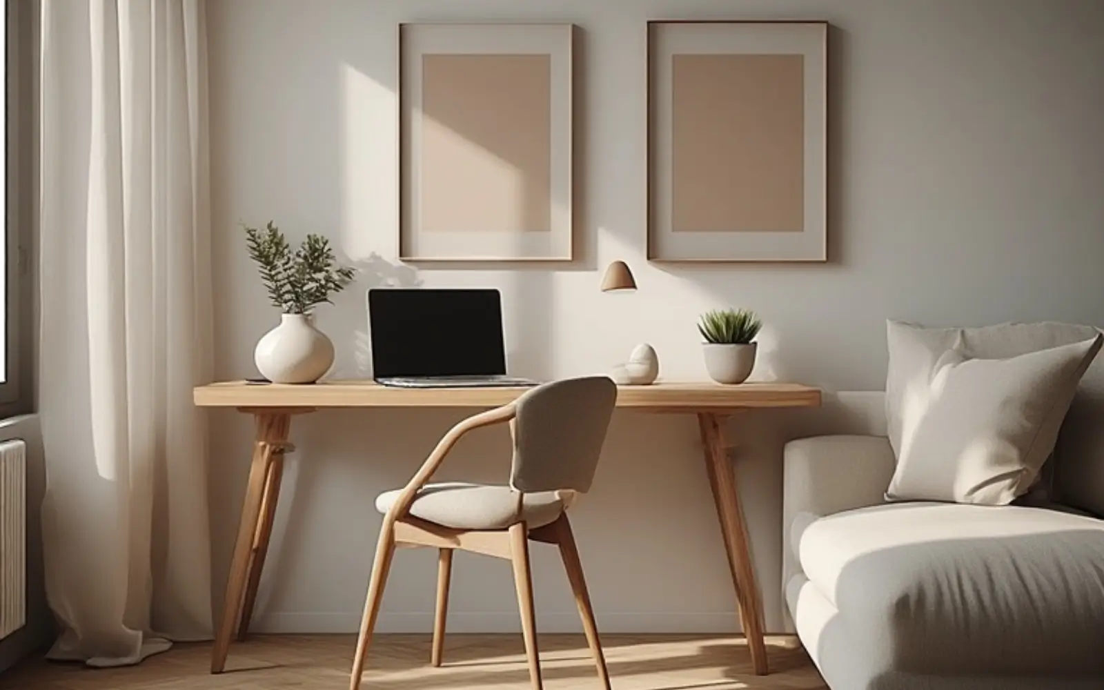 Soft neutral living room with a slim console desk placed directly behind a linen sofa, styled as both workspace and console table.