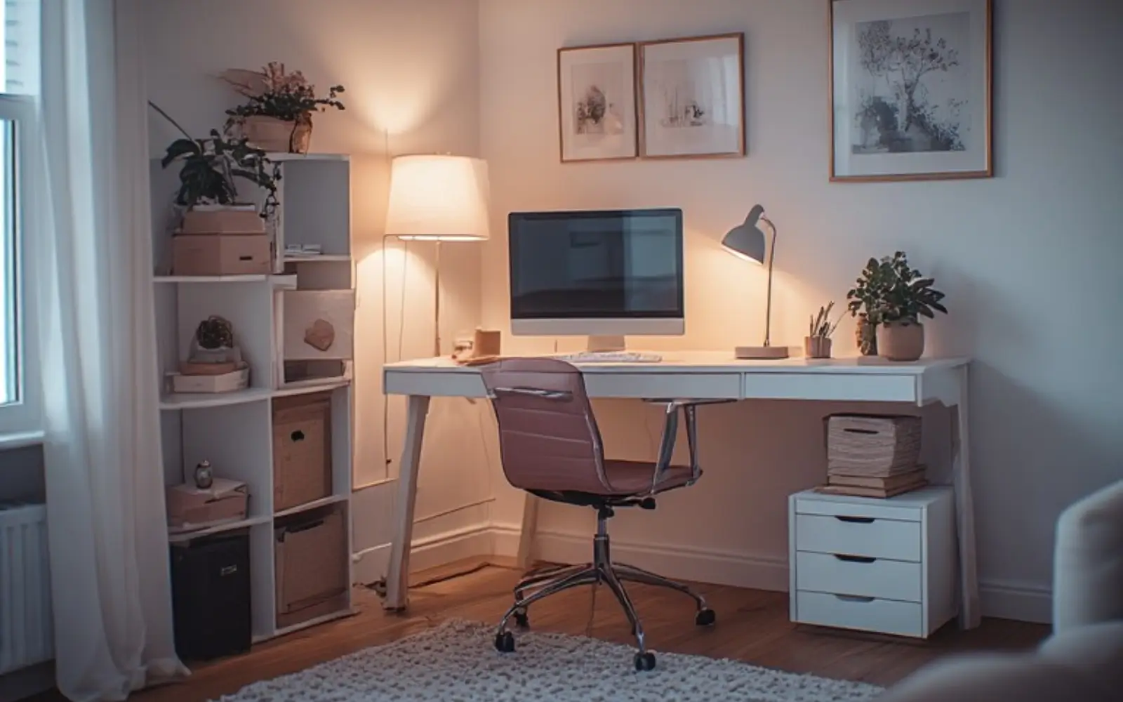 Small living room corner styled as an office alcove with an L-shaped white desk, soft rug and a floor lamp creating a defined work zone.