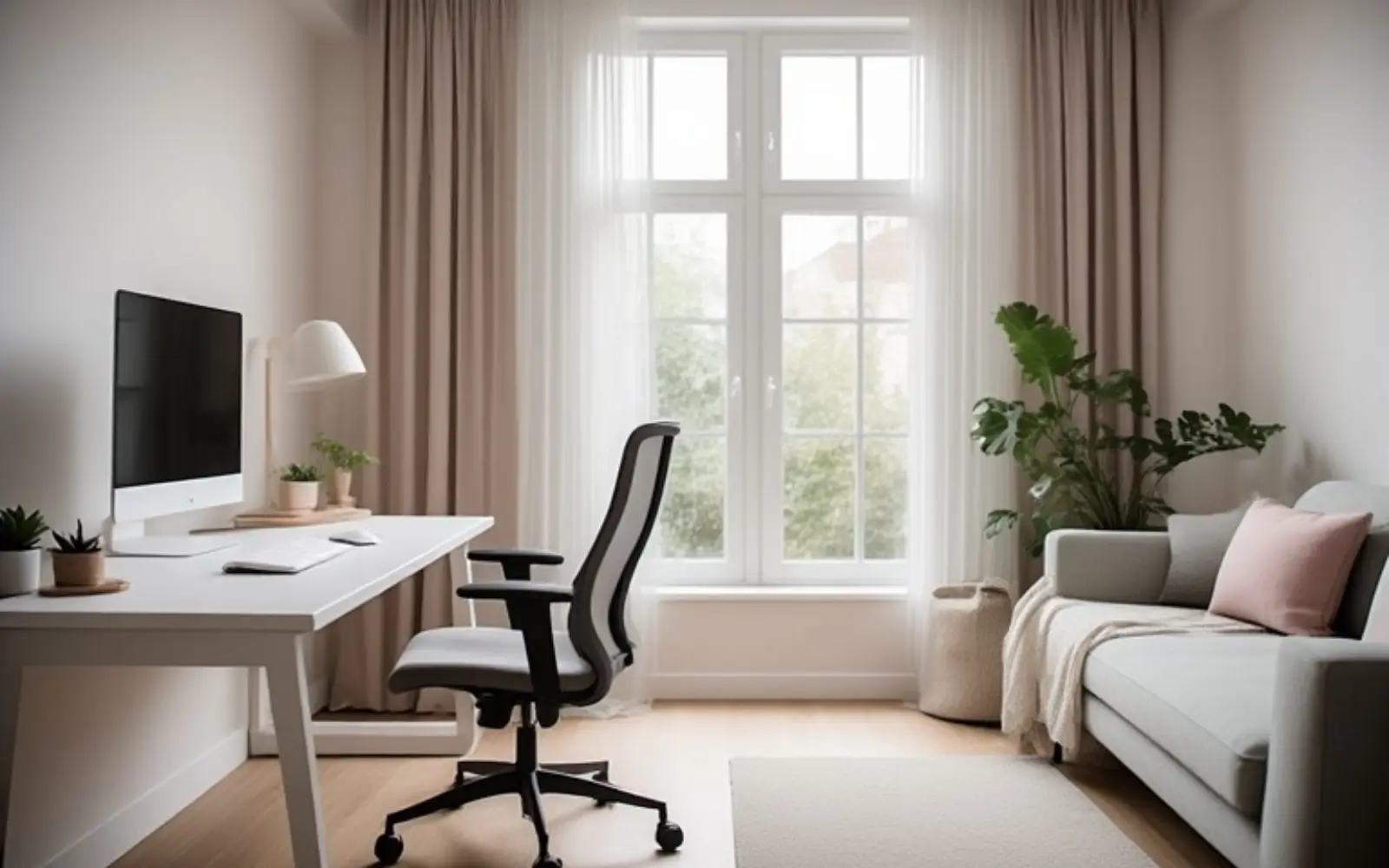 Compact living room with a narrow white desk placed along a window wall beside a large window, with sheer curtains and a calm feminine setup.