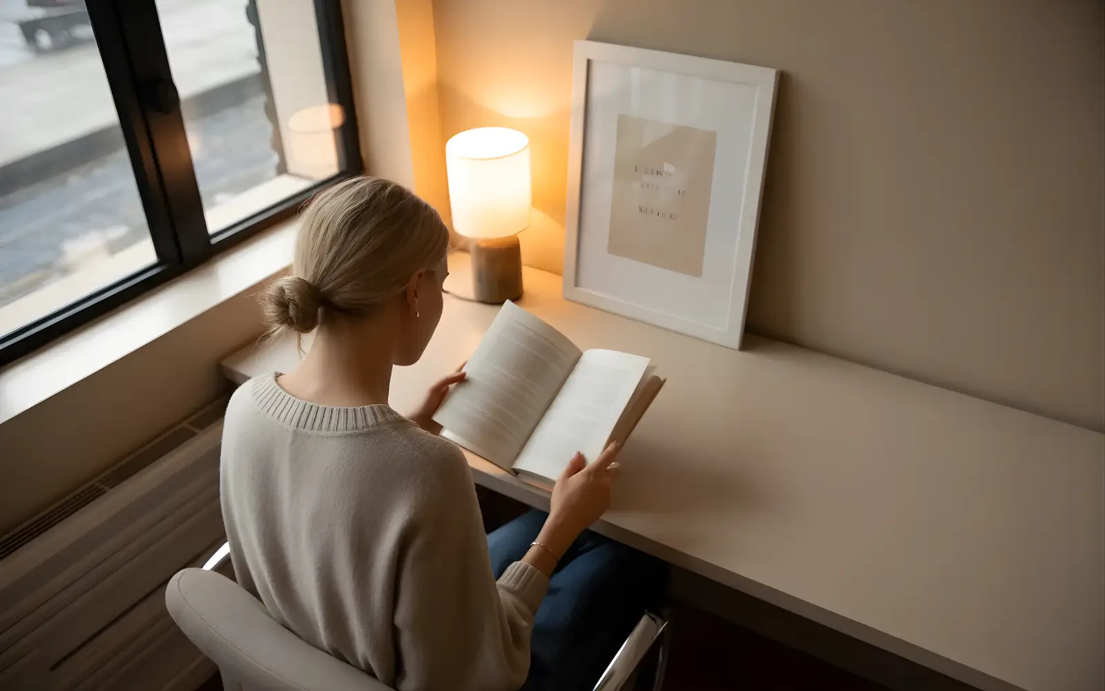 Home office desk setup with the reader facing a side window, a table lamp to the left and a simple framed print visible behind under warm ambient light.