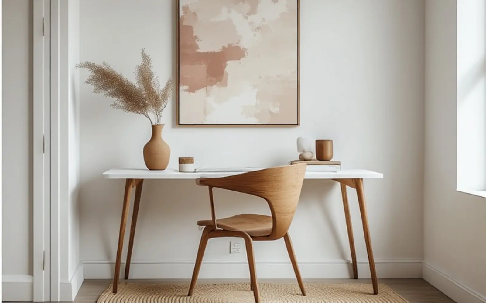 Soft neutral feminine home office with a white desk, warm wood chair, beige rug and one large abstract print on the wall, styled with a single vase on the desktop.