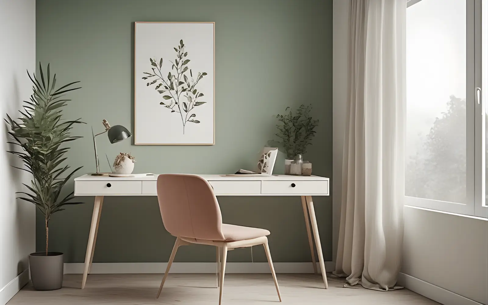 Compact living room or studio office corner with a slim desk and closed storage beside it, all tech and paperwork hidden from view.