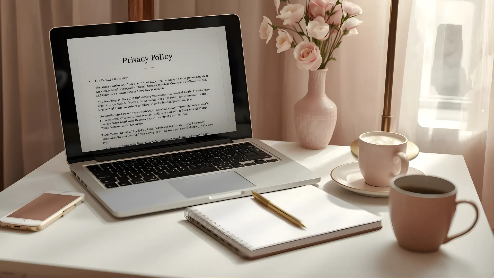 Soft feminine desk with laptop, notebook and privacy document on screen