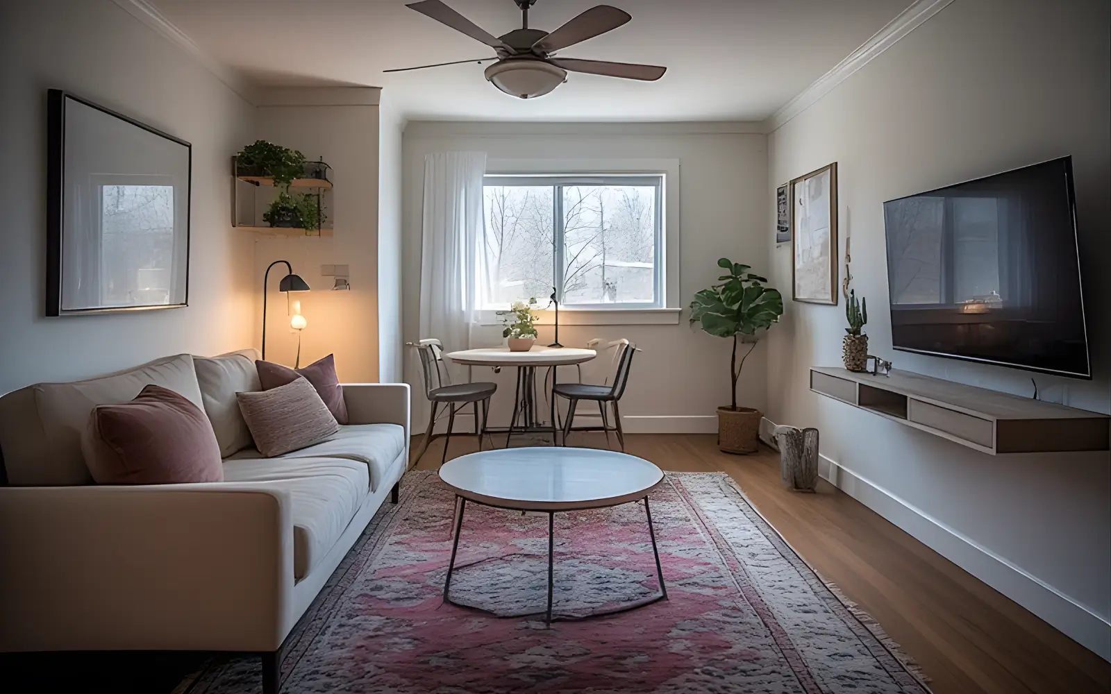 Multi-use small living room combining a compact sofa, a tucked-away desk and a small dining table in one calm, feminine space.