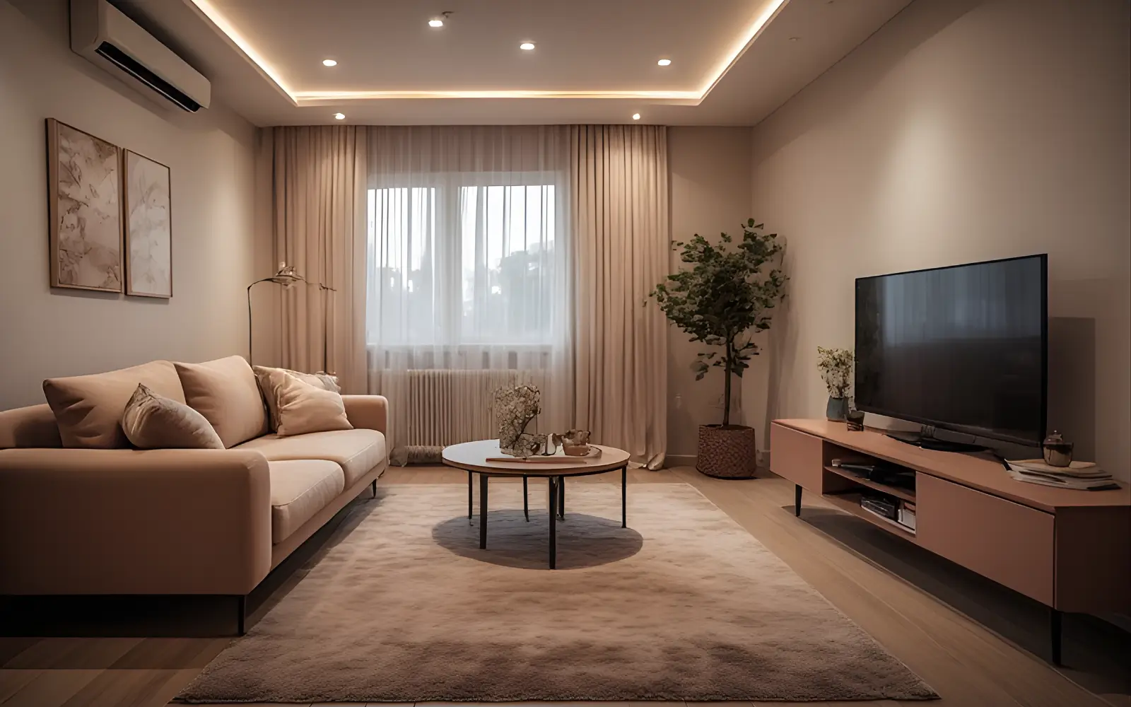 Small feminine living room with a compact sofa on slim legs, a large rug and a low media unit, showing correct sofa scale for a tight space.