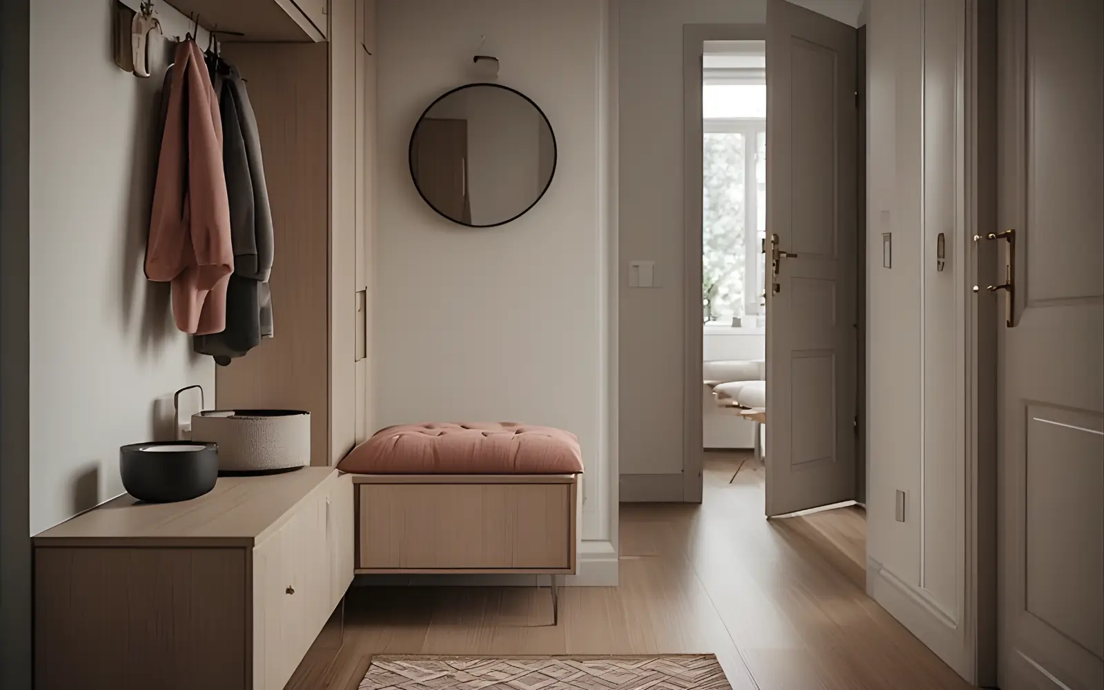 Small feminine apartment entryway with a very shallow closed cabinet and bench cushion under hooks, clear floor and only a few coats and bags.