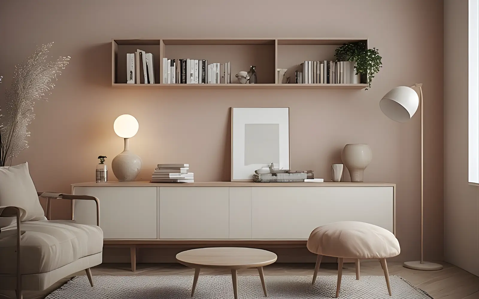 Feminine small living room with a low closed sideboard and one curated shelf above, storage reading as a calm backdrop behind a slim sofa and small coffee table.