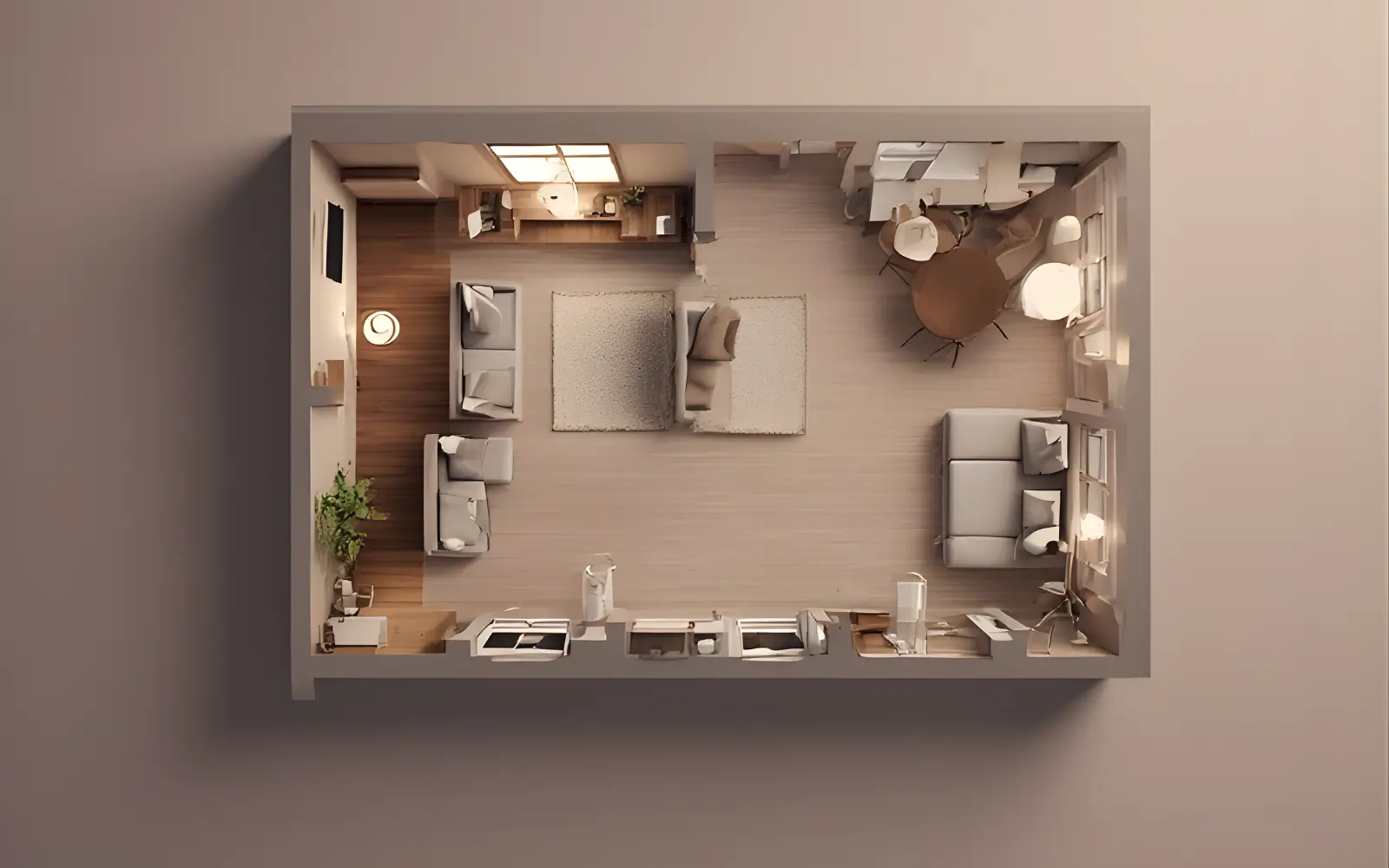 Overhead layout of an L-shaped small apartment where the longer leg holds the lounge and the shorter leg holds a dining area by the window, with the inner corner left as a light transition zone.