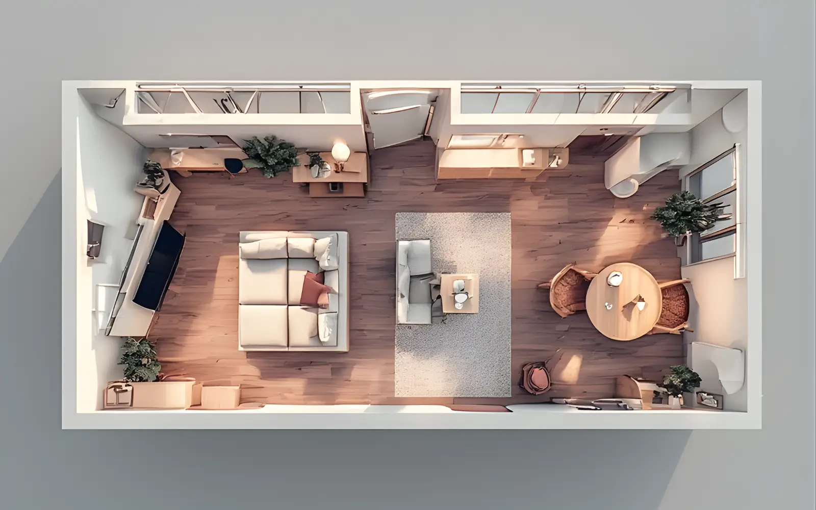 Overhead layout diagram of a long narrow living room with the sofa placed across the width, a dining table at the far end and a small desk in the lightest corner.