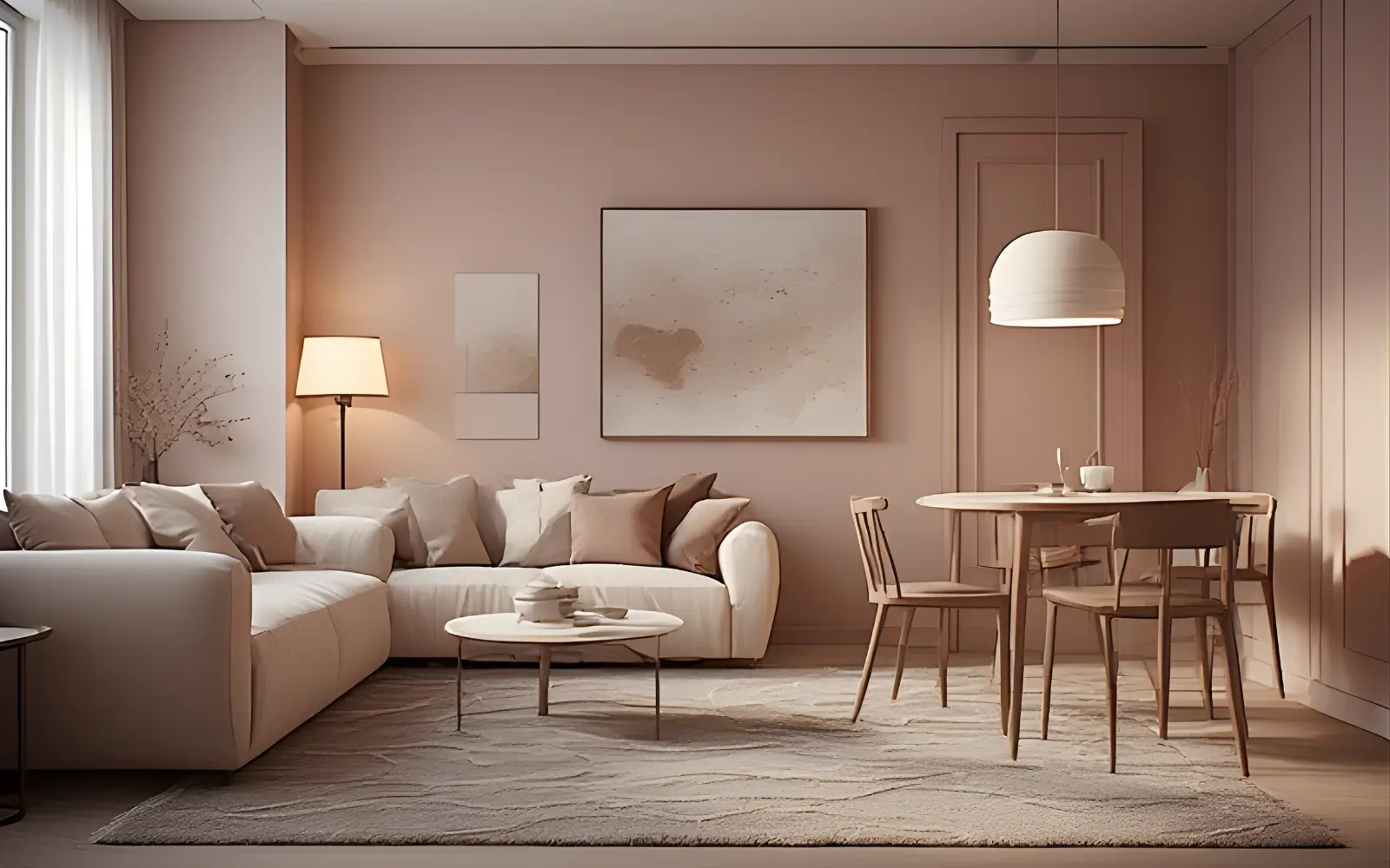 Open-plan small apartment where a large rug anchors the lounge zone and a pendant light above a small dining table defines a separate eating area without walls.