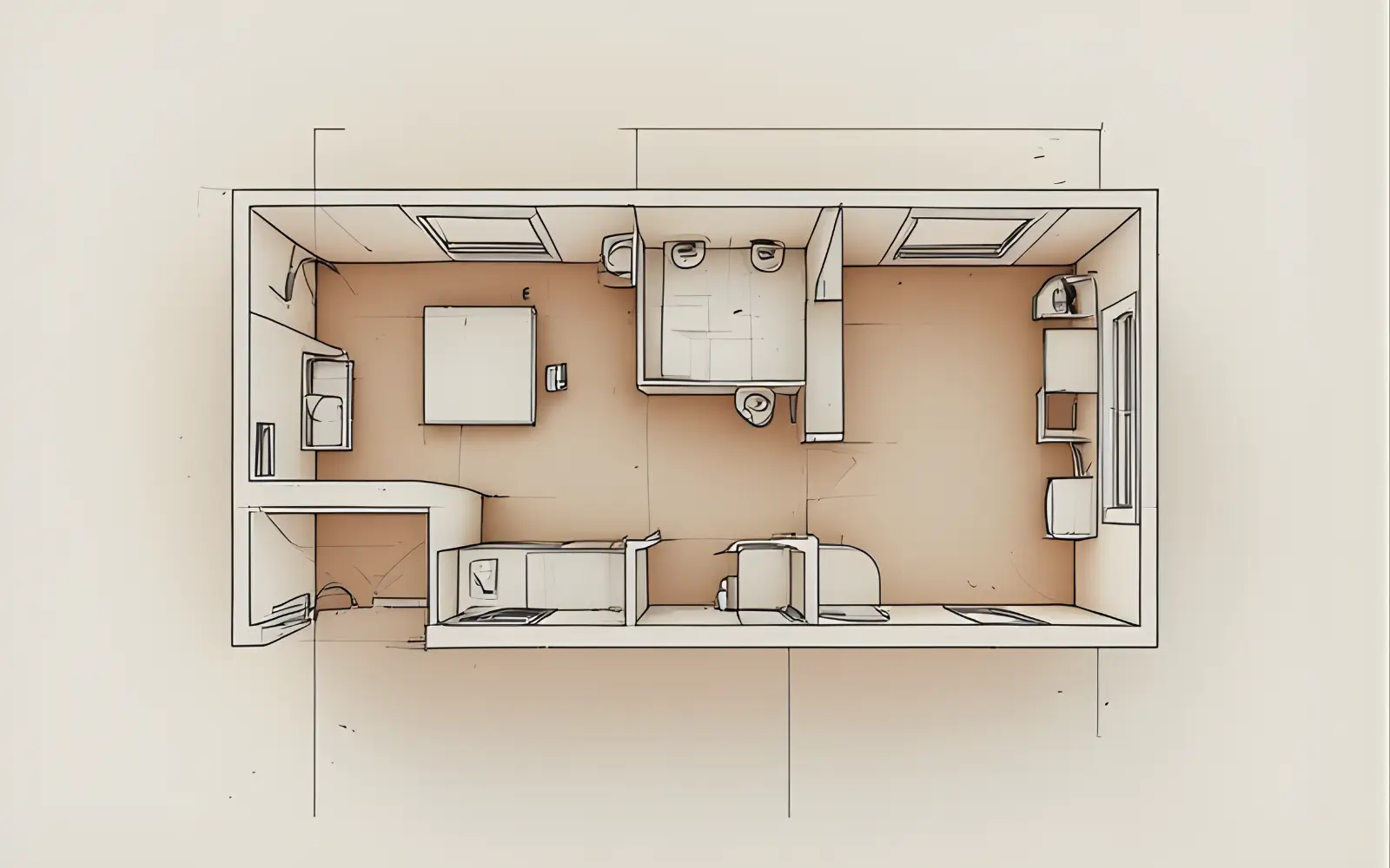 Top-down sketch of a small apartment floor plan showing windows, door swings, radiators and socket positions as fixed constraints before furniture is added.