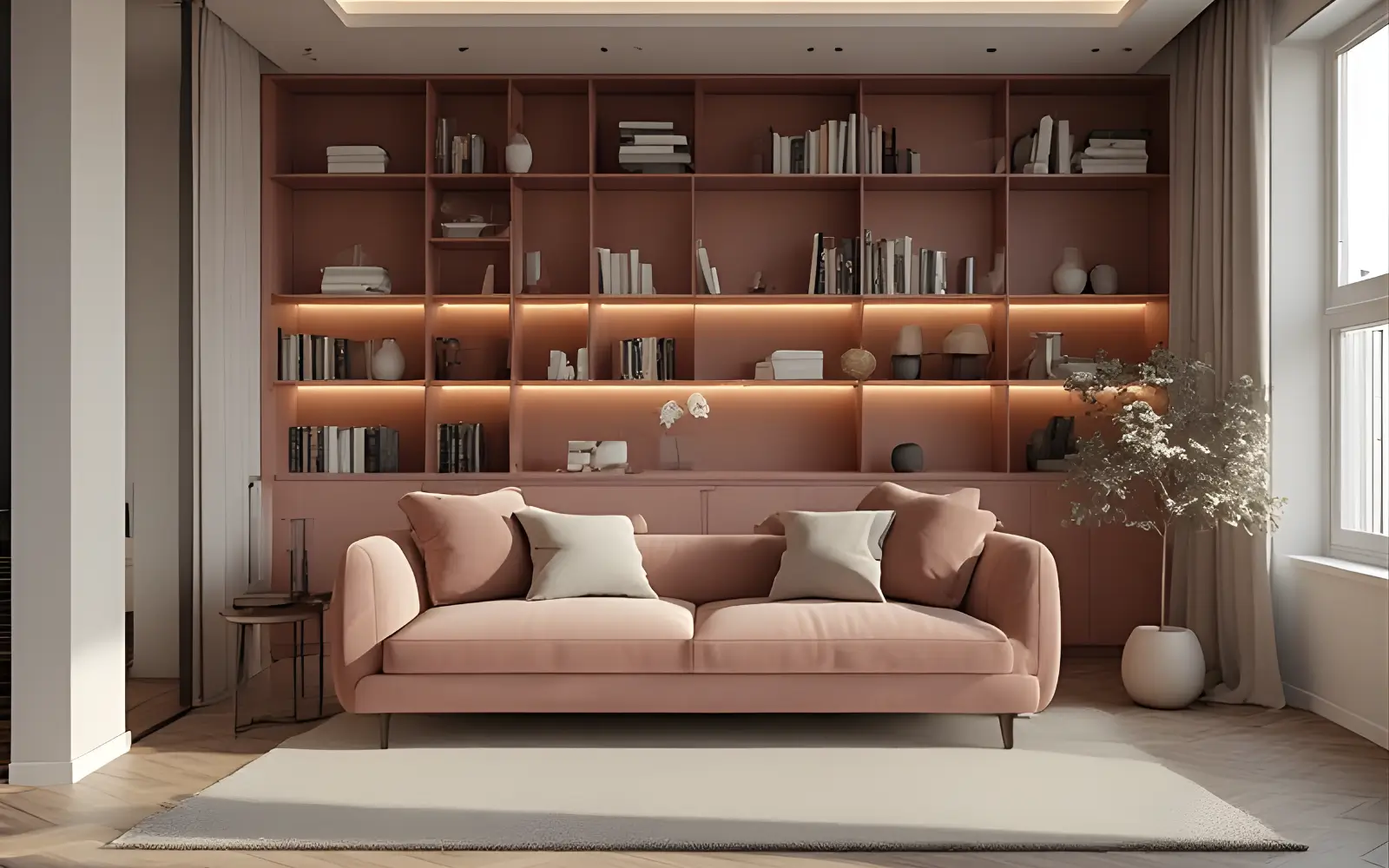Small feminine living room in a tiny apartment where a large rug and a low open bookcase behind the sofa divide the lounge from the dining or work area.