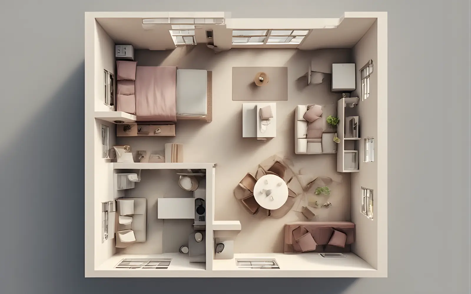 Overhead plan of a small square studio with the bed on a back wall, sofa creating a boundary to the lounge, a small dining table near the kitchen and a desk in a bright corner.